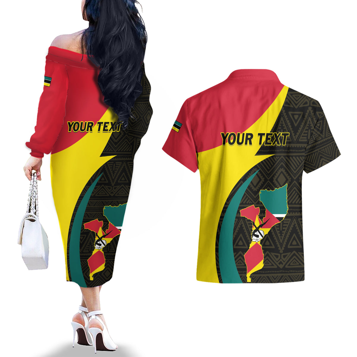 Mozambique Independence Day Couples Matching Off The Shoulder Long Sleeve Dress and Hawaiian Shirt Muzambhiki 1975 Anniversary - Wonder Print Shop