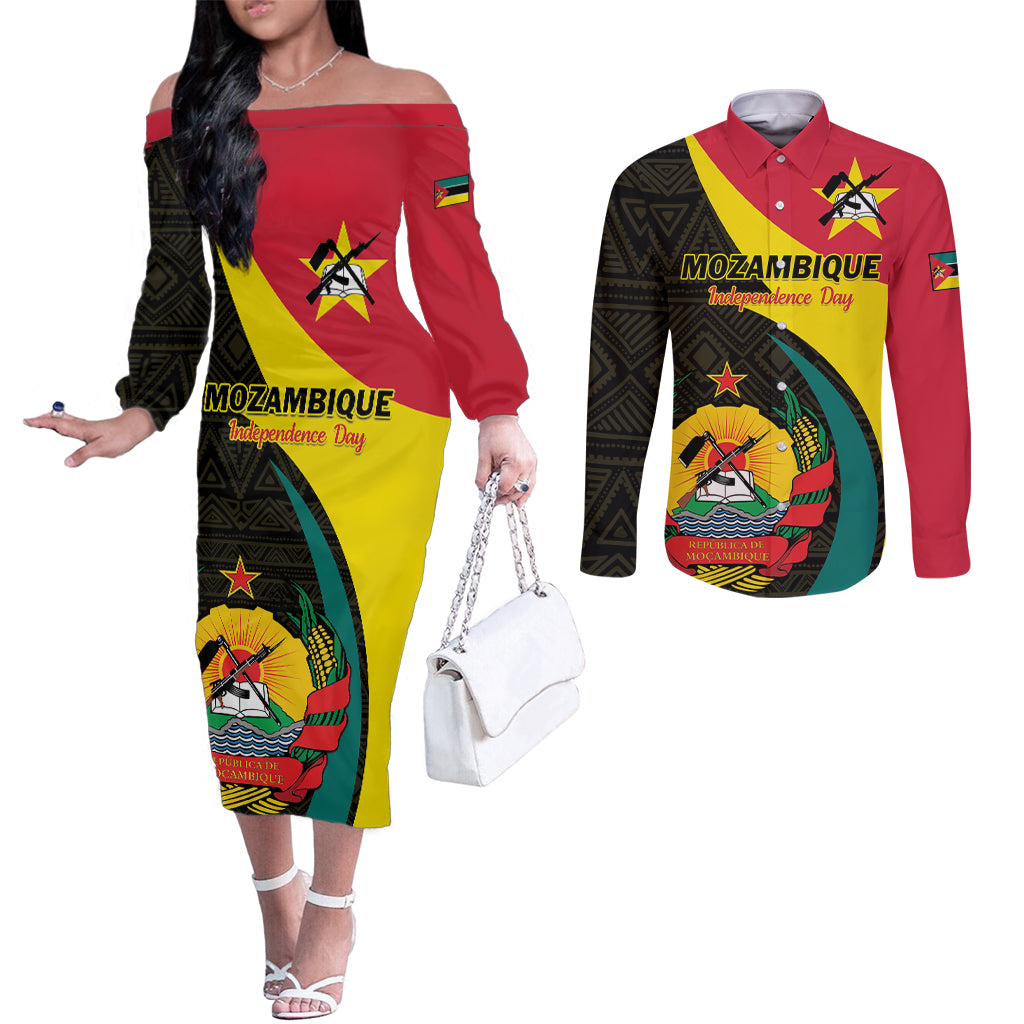 Mozambique Independence Day Couples Matching Off The Shoulder Long Sleeve Dress and Long Sleeve Button Shirt Muzambhiki 1975 Anniversary