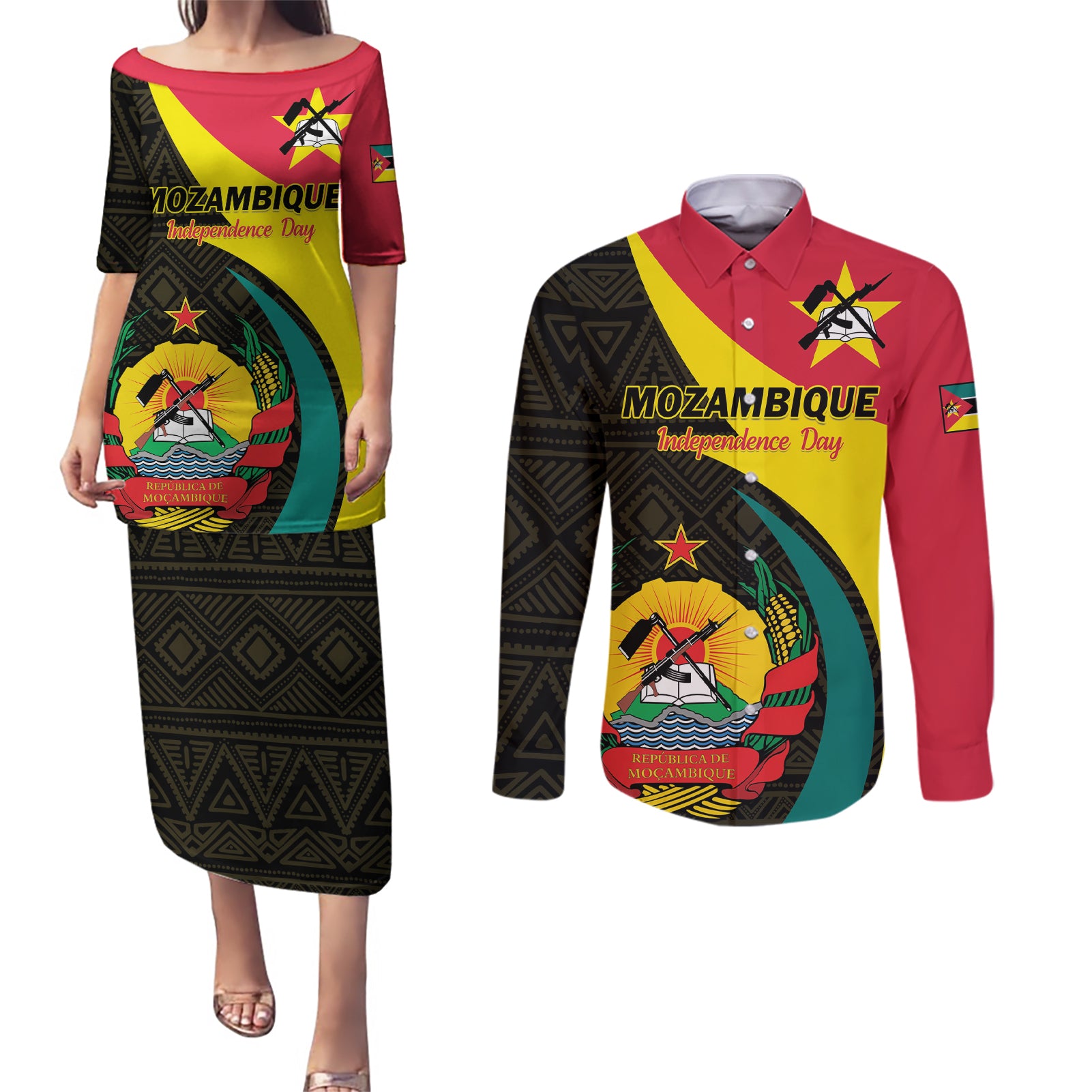 Mozambique Independence Day Couples Matching Puletasi and Long Sleeve Button Shirt Muzambhiki 1975 Anniversary - Wonder Print Shop