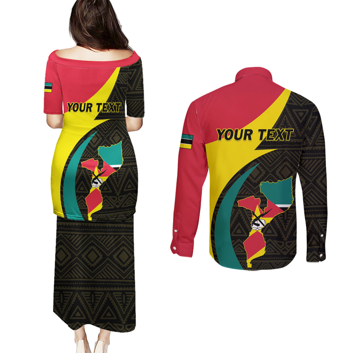 Mozambique Independence Day Couples Matching Puletasi and Long Sleeve Button Shirt Muzambhiki 1975 Anniversary - Wonder Print Shop