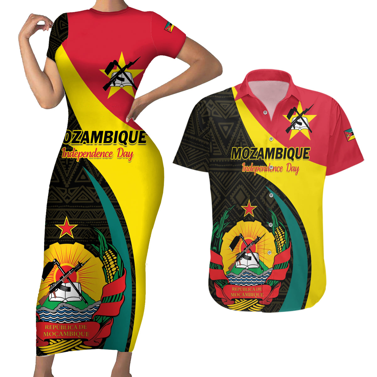 Mozambique Independence Day Couples Matching Short Sleeve Bodycon Dress and Hawaiian Shirt Muzambhiki 1975 Anniversary - Wonder Print Shop