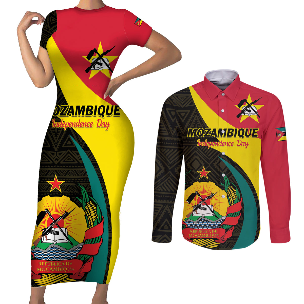 Mozambique Independence Day Couples Matching Short Sleeve Bodycon Dress and Long Sleeve Button Shirt Muzambhiki 1975 Anniversary - Wonder Print Shop