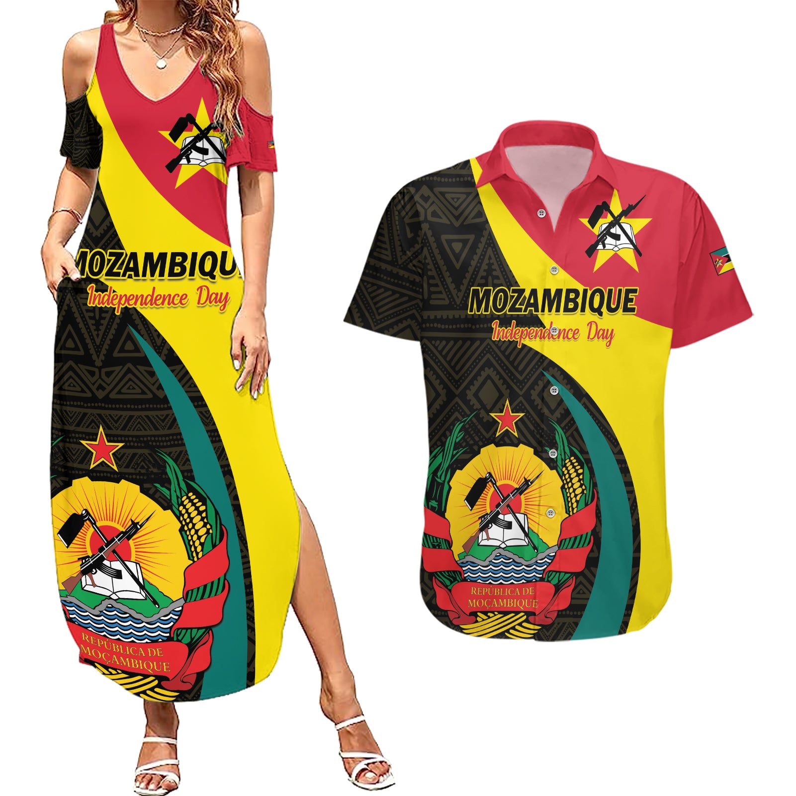 Mozambique Independence Day Couples Matching Summer Maxi Dress and Hawaiian Shirt Muzambhiki 1975 Anniversary - Wonder Print Shop