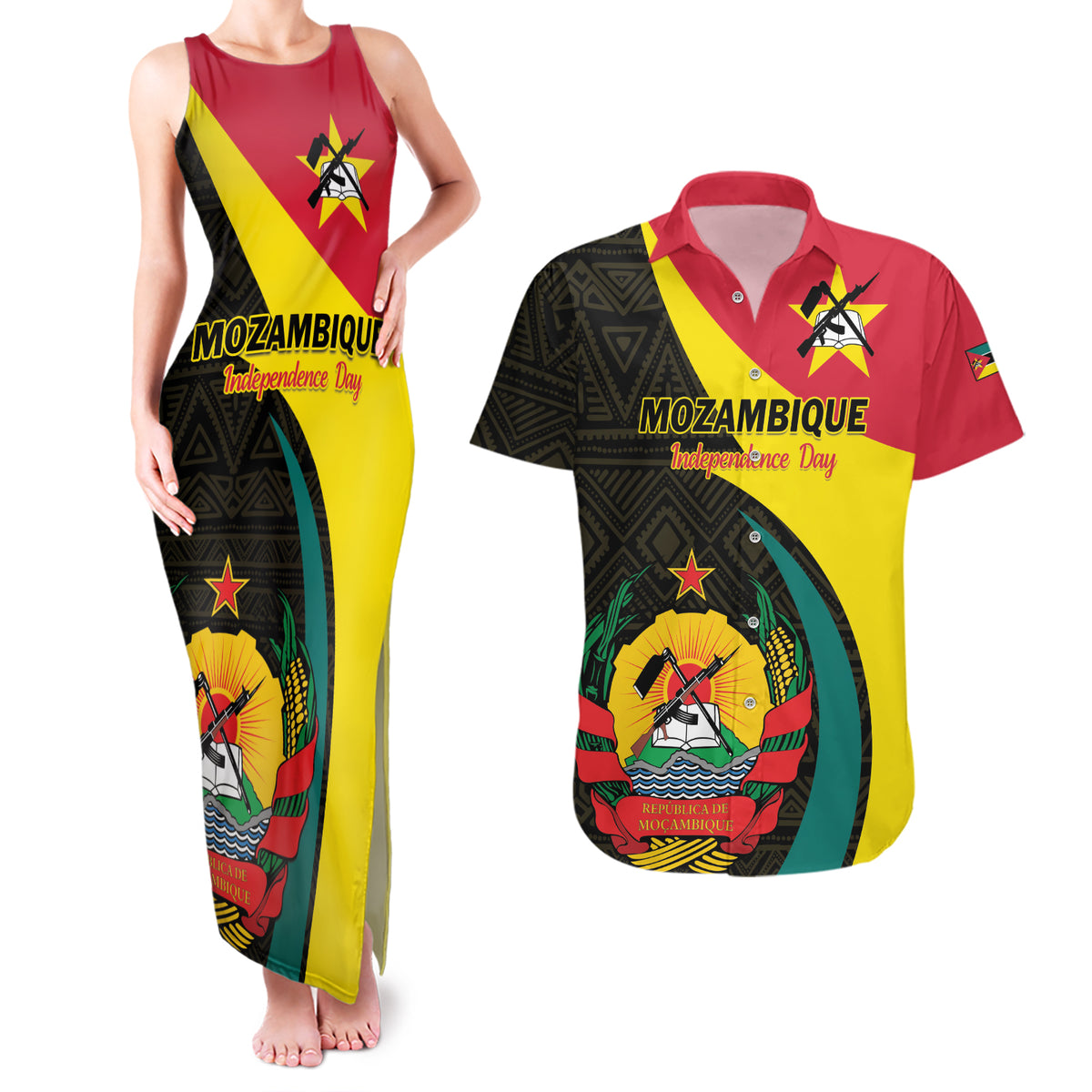 Mozambique Independence Day Couples Matching Tank Maxi Dress and Hawaiian Shirt Muzambhiki 1975 Anniversary - Wonder Print Shop