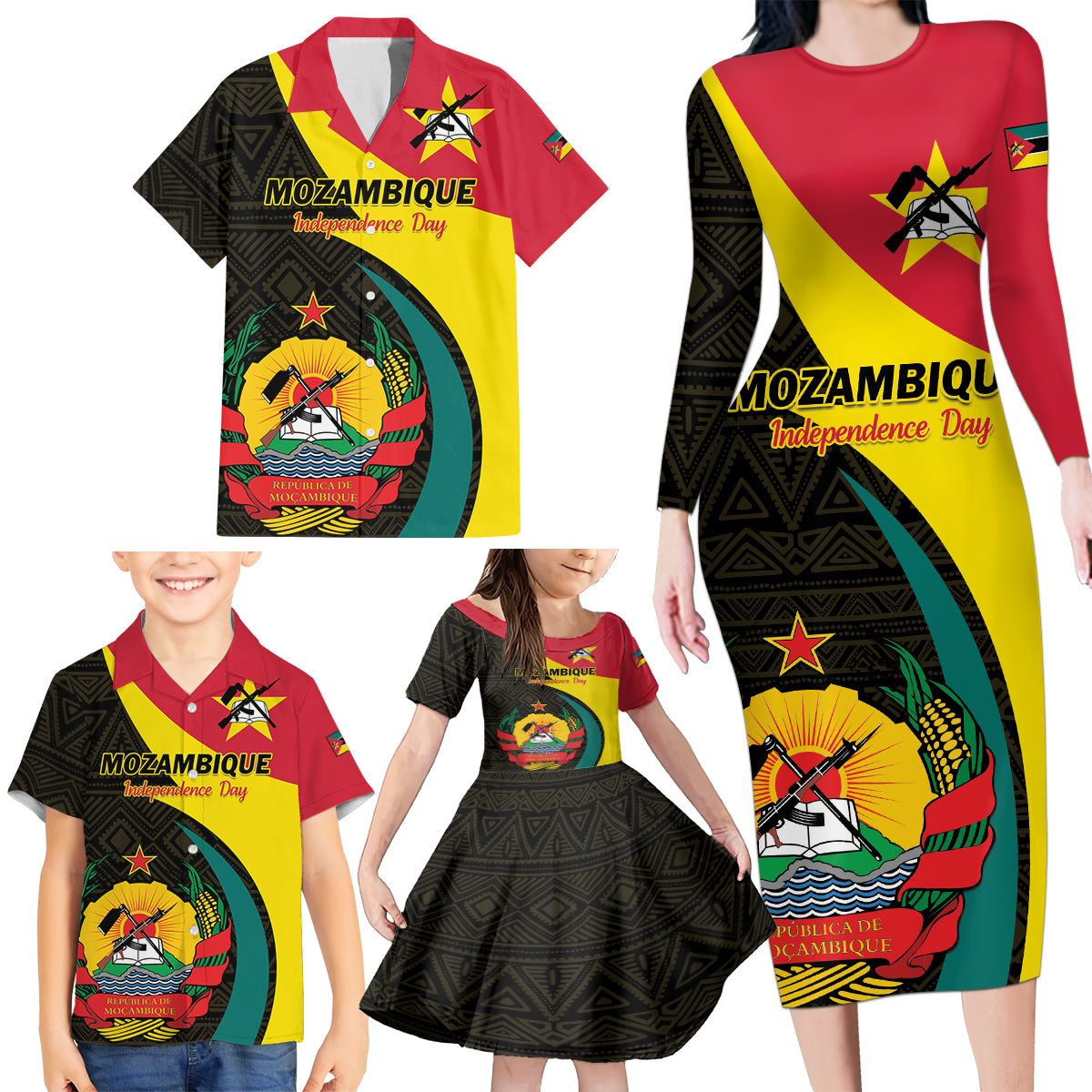 Mozambique Independence Day Family Matching Long Sleeve Bodycon Dress and Hawaiian Shirt Muzambhiki 1975 Anniversary - Wonder Print Shop