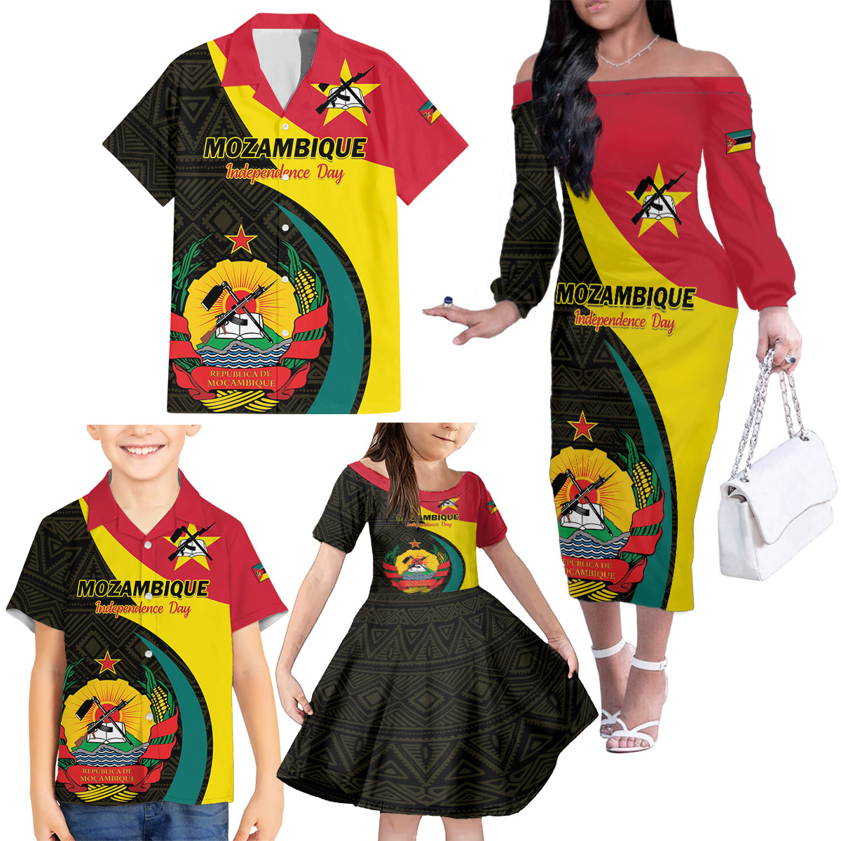 Mozambique Independence Day Family Matching Off The Shoulder Long Sleeve Dress and Hawaiian Shirt Muzambhiki 1975 Anniversary - Wonder Print Shop