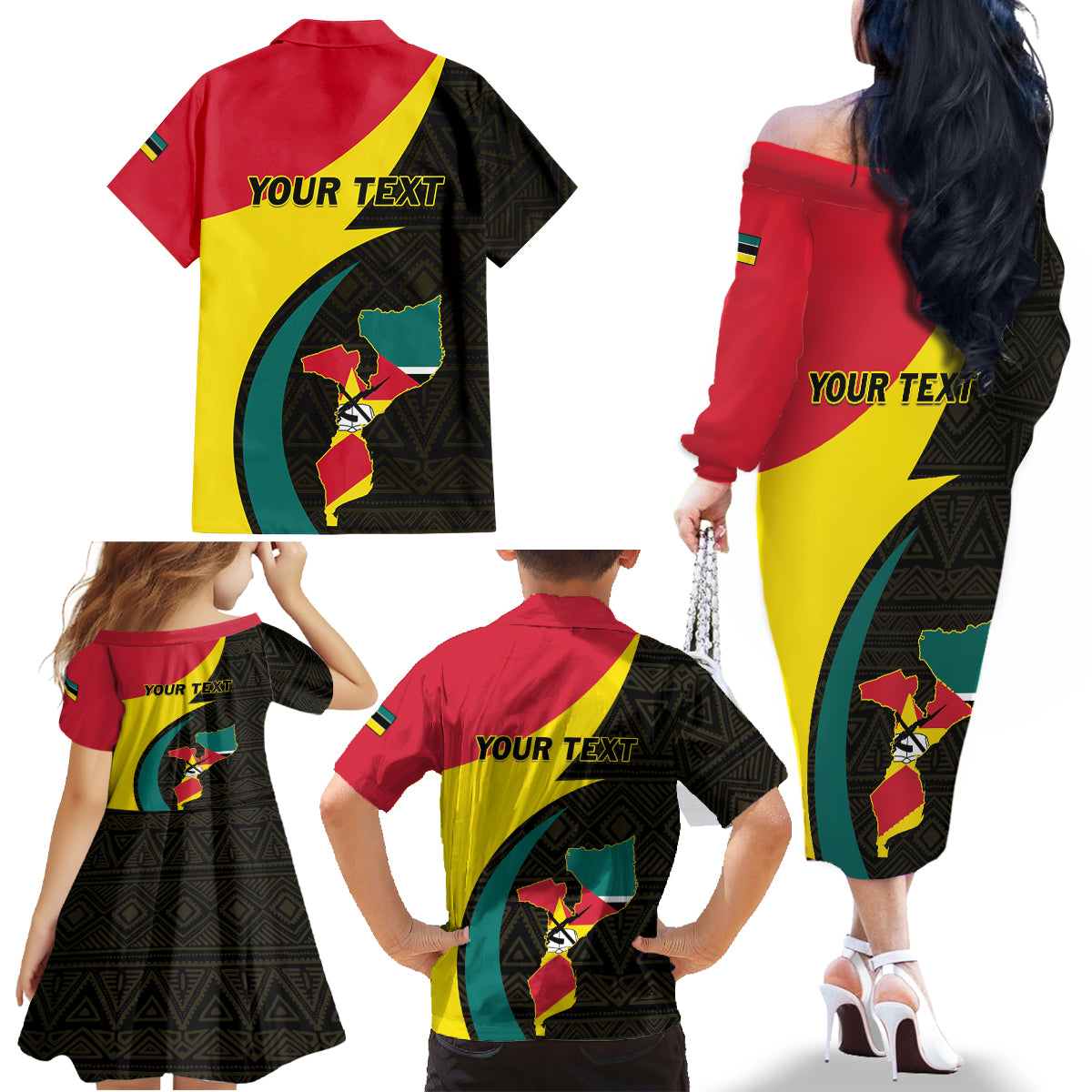 Mozambique Independence Day Family Matching Off The Shoulder Long Sleeve Dress and Hawaiian Shirt Muzambhiki 1975 Anniversary - Wonder Print Shop