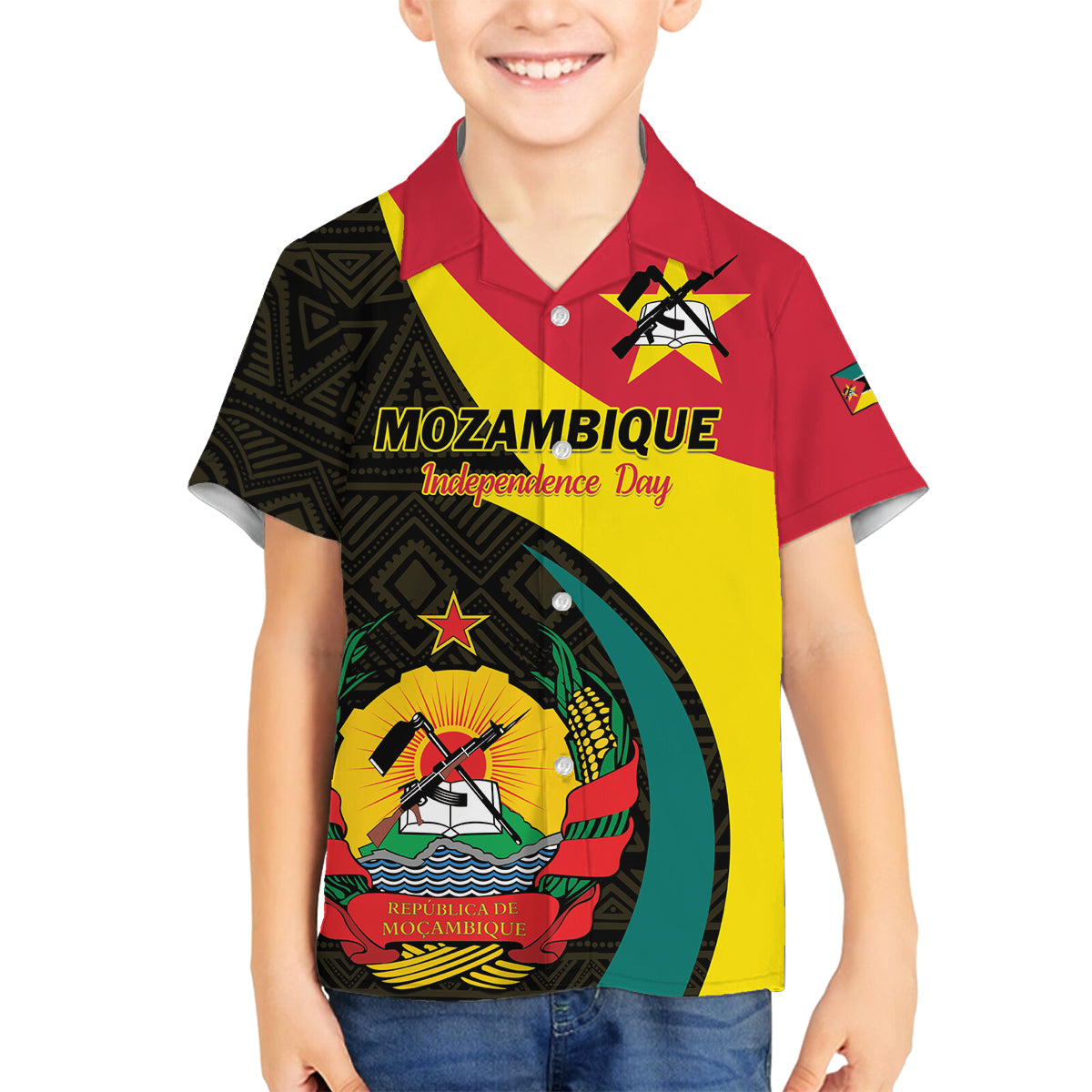 Mozambique Independence Day Family Matching Off The Shoulder Long Sleeve Dress and Hawaiian Shirt Muzambhiki 1975 Anniversary - Wonder Print Shop