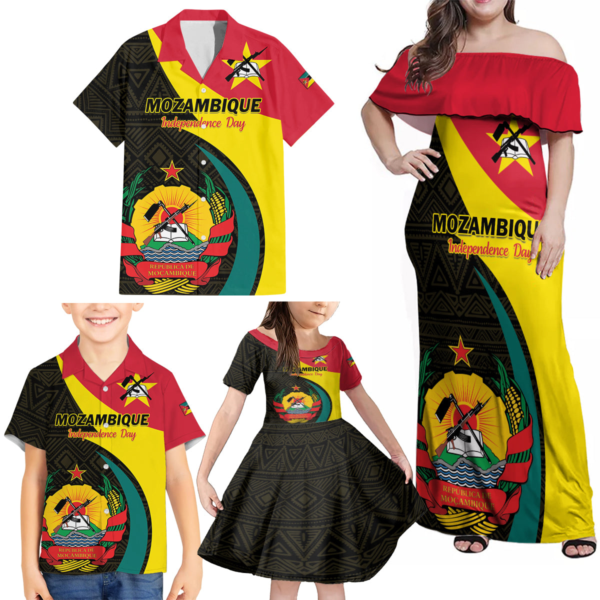 Mozambique Independence Day Family Matching Off Shoulder Maxi Dress and Hawaiian Shirt Muzambhiki 1975 Anniversary - Wonder Print Shop