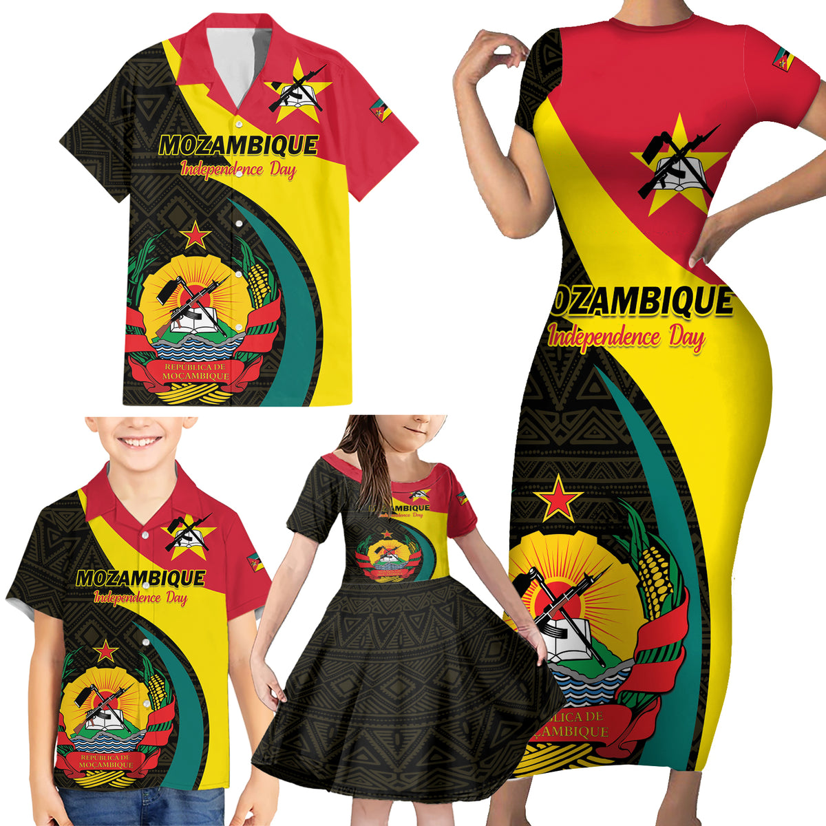 Mozambique Independence Day Family Matching Short Sleeve Bodycon Dress and Hawaiian Shirt Muzambhiki 1975 Anniversary - Wonder Print Shop