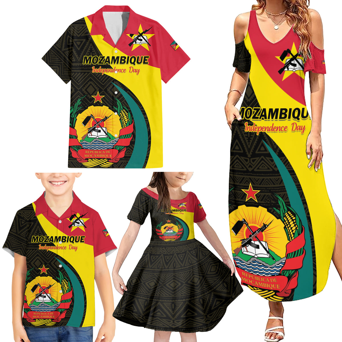 Mozambique Independence Day Family Matching Summer Maxi Dress and Hawaiian Shirt Muzambhiki 1975 Anniversary