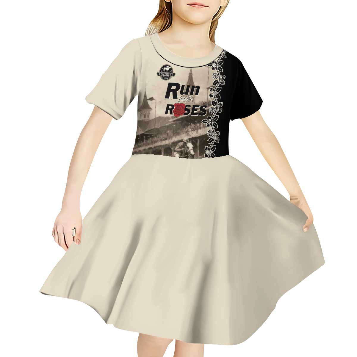 Personalized Kentucky Run For The Rose Kid Short Sleeve Dress Beige Rose Floral