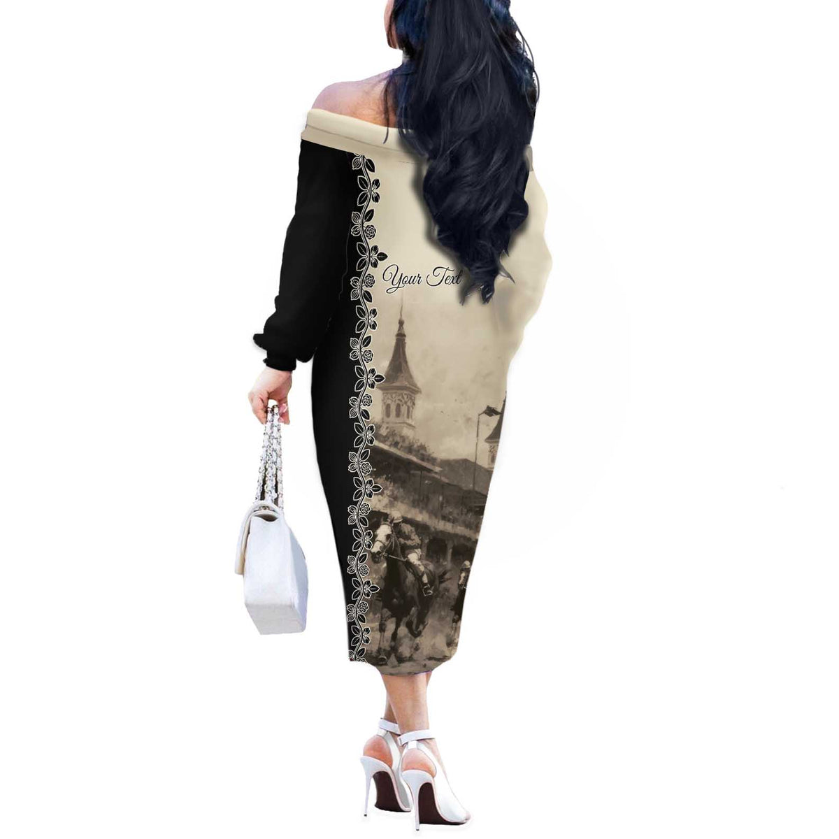 Personalized Kentucky Run For The Rose Off The Shoulder Long Sleeve Dress Beige Rose Floral