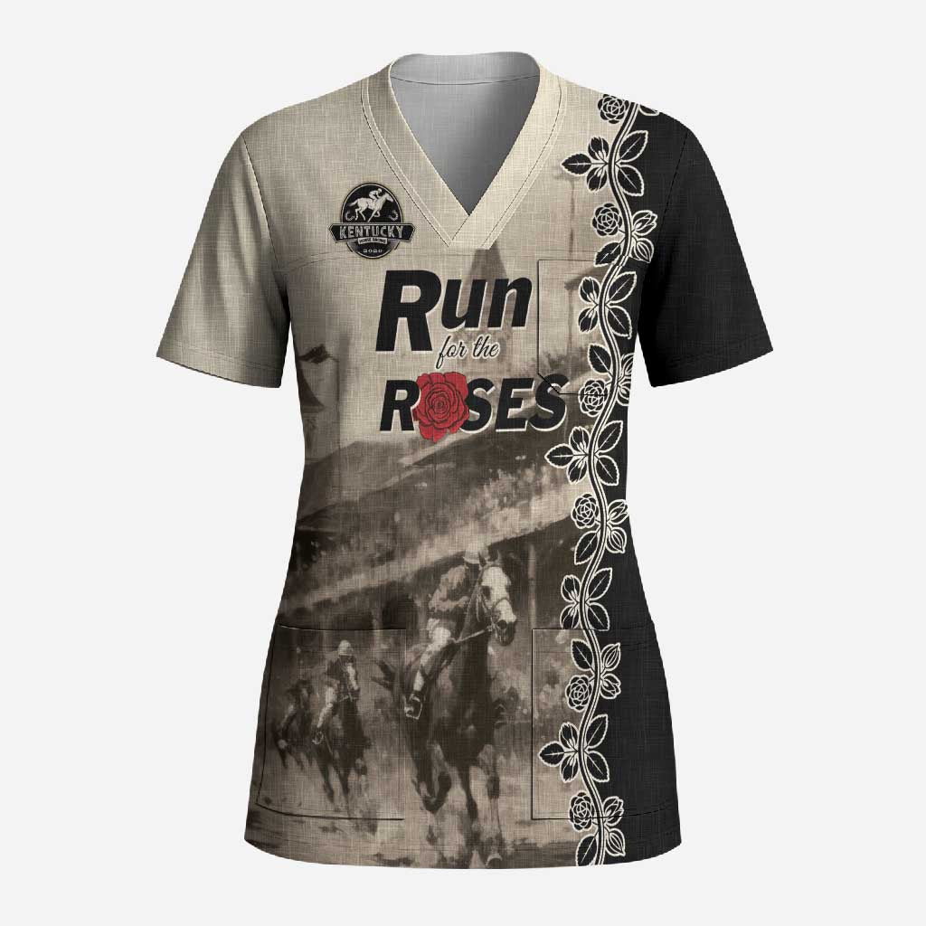 Personalized Kentucky Run For The Rose Scrub Top Beige Rose Floral