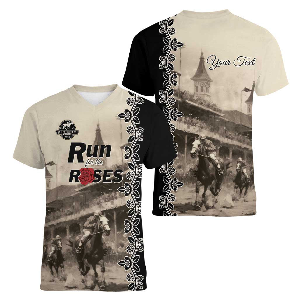 Personalized Kentucky Run For The Rose Women V-Neck T-Shirt Beige Rose Floral