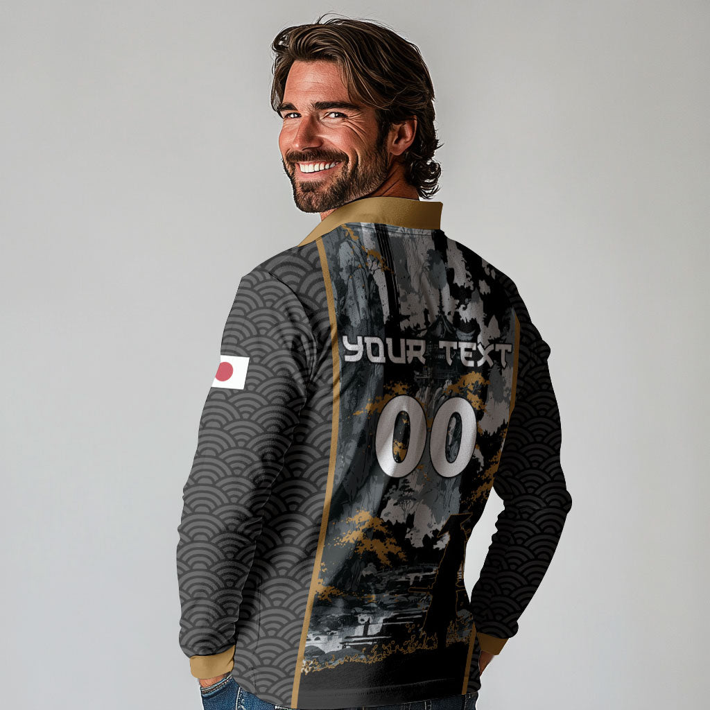 Custom Baseball Japan Samurai Long Sleeve Polo Shirt Black Grunge Vintage