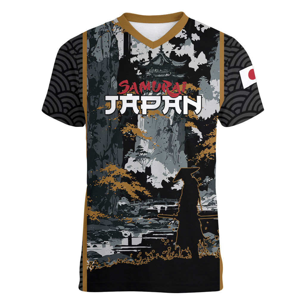 Custom Baseball Japan Samurai Women V-Neck T-Shirt Black Grunge Vintage