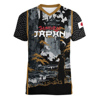 Custom Baseball Japan Samurai Women V-Neck T-Shirt Black Grunge Vintage