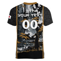 Custom Baseball Japan Samurai Women V-Neck T-Shirt Black Grunge Vintage