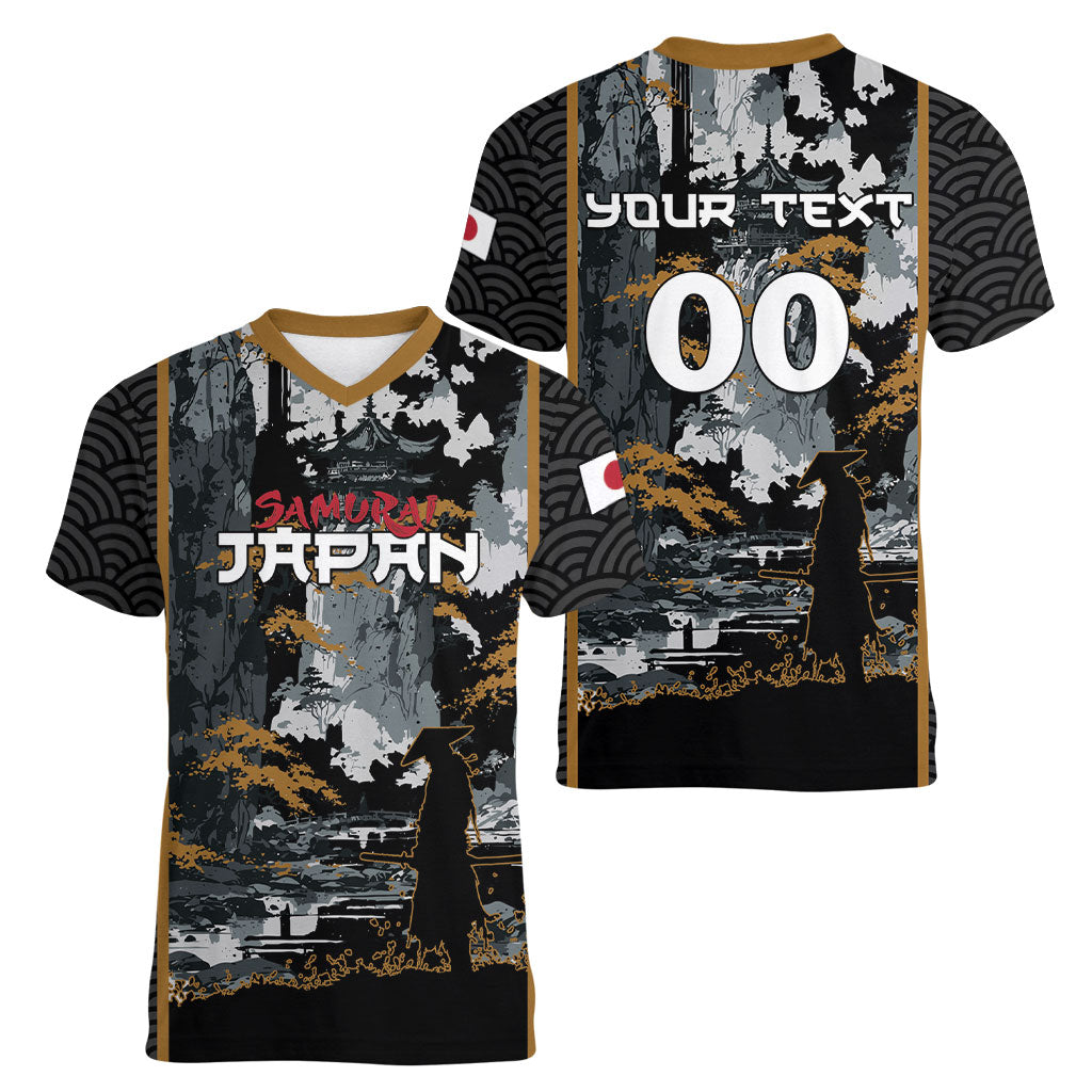Custom Baseball Japan Samurai Women V-Neck T-Shirt Black Grunge Vintage
