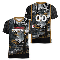 Custom Baseball Japan Samurai Women V-Neck T-Shirt Black Grunge Vintage