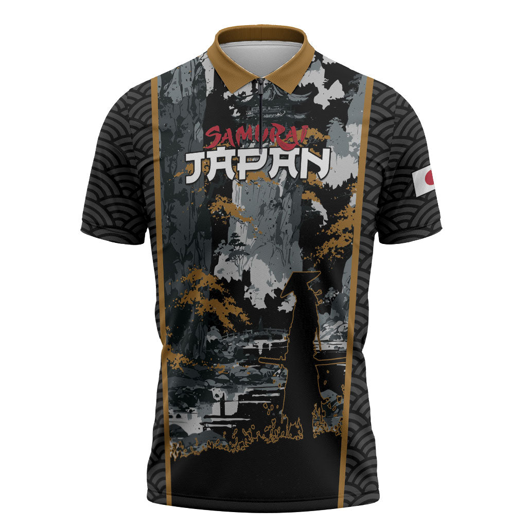 Custom Baseball Japan Samurai Zipper Polo Shirt Black Grunge Vintage