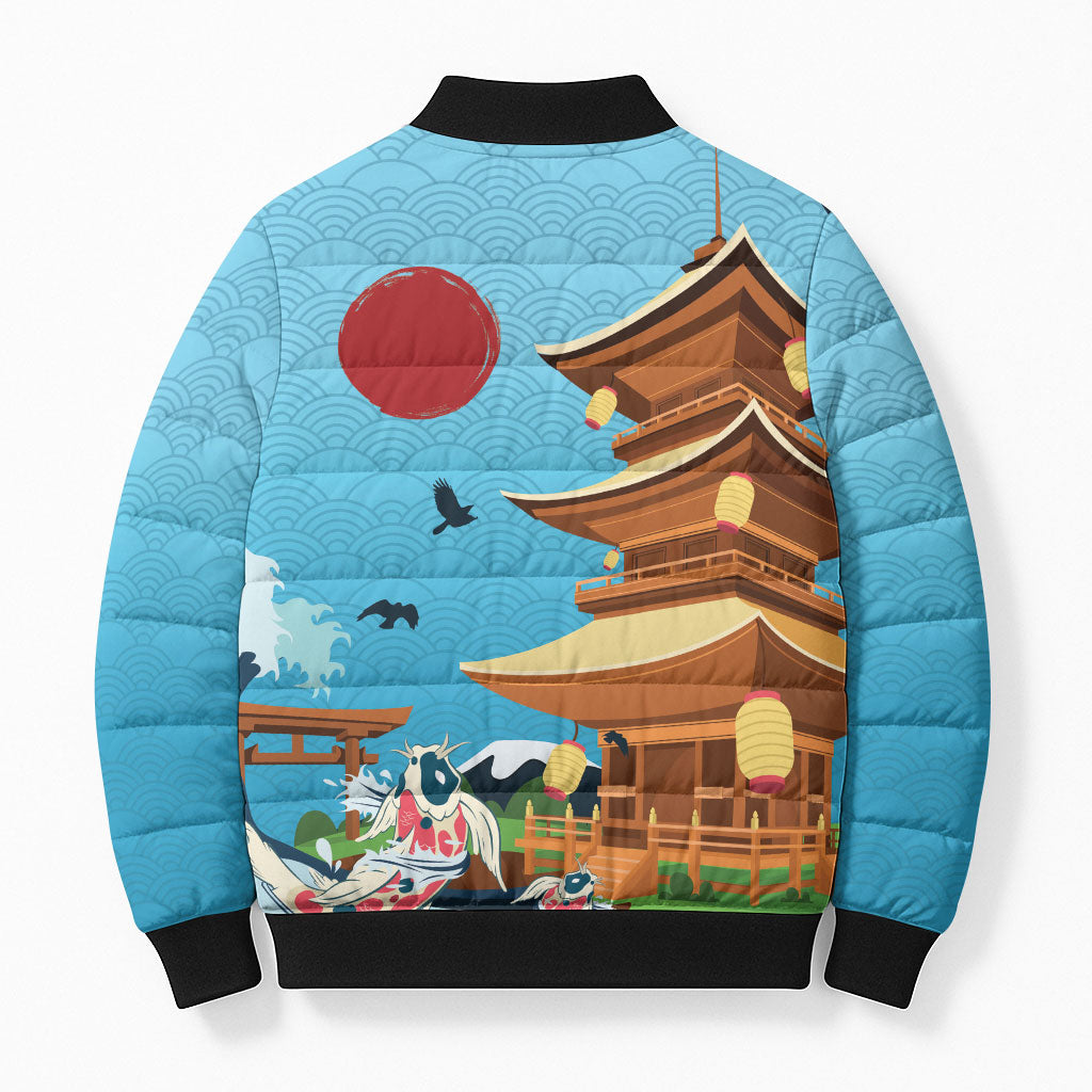 Japan Land Of The Rising Sun Bomber Puffer Jacket Japanese Pagoda Koi Fish