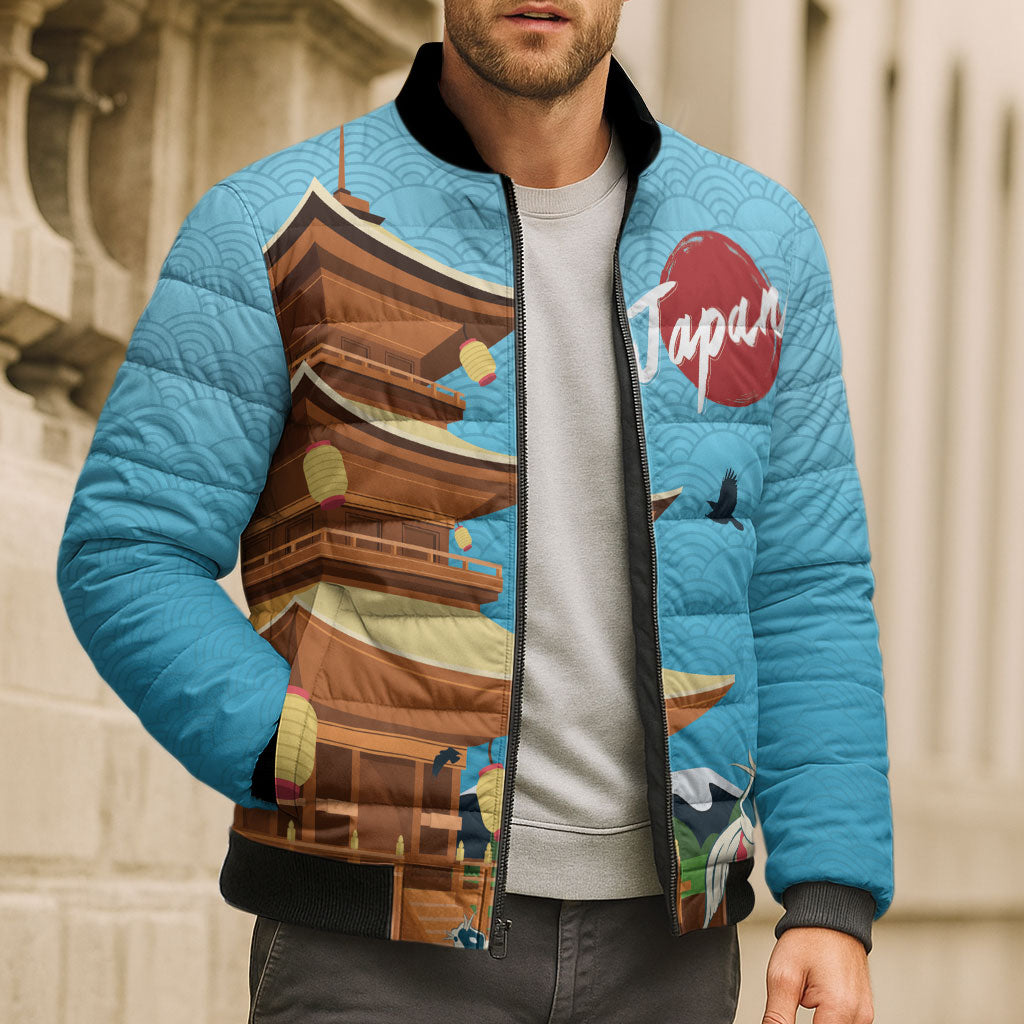 Japan Land Of The Rising Sun Bomber Puffer Jacket Japanese Pagoda Koi Fish