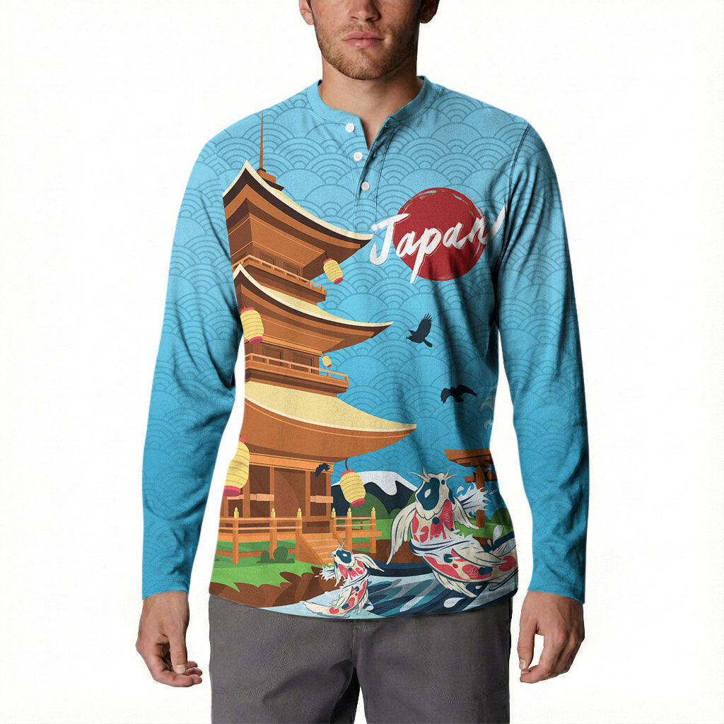 Japan Land Of The Rising Sun Button Sweatshirt Japanese Pagoda Koi Fish