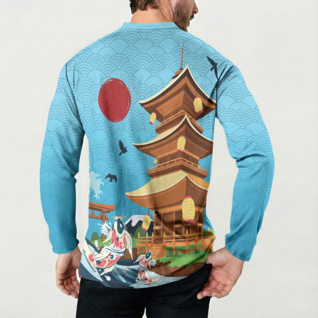 Japan Land Of The Rising Sun Button Sweatshirt Japanese Pagoda Koi Fish