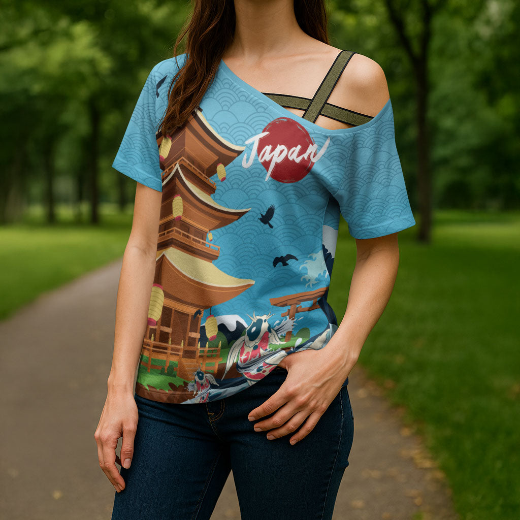 Japan Land Of The Rising Sun Cross Shoulder Shirt Japanese Pagoda Koi Fish