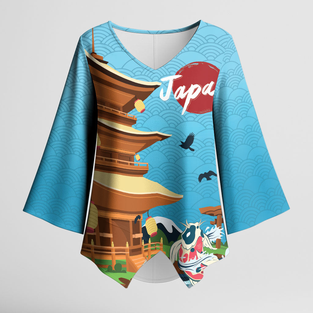 Japan Land Of The Rising Sun Kimono Sleeve Blouse Japanese Pagoda Koi Fish
