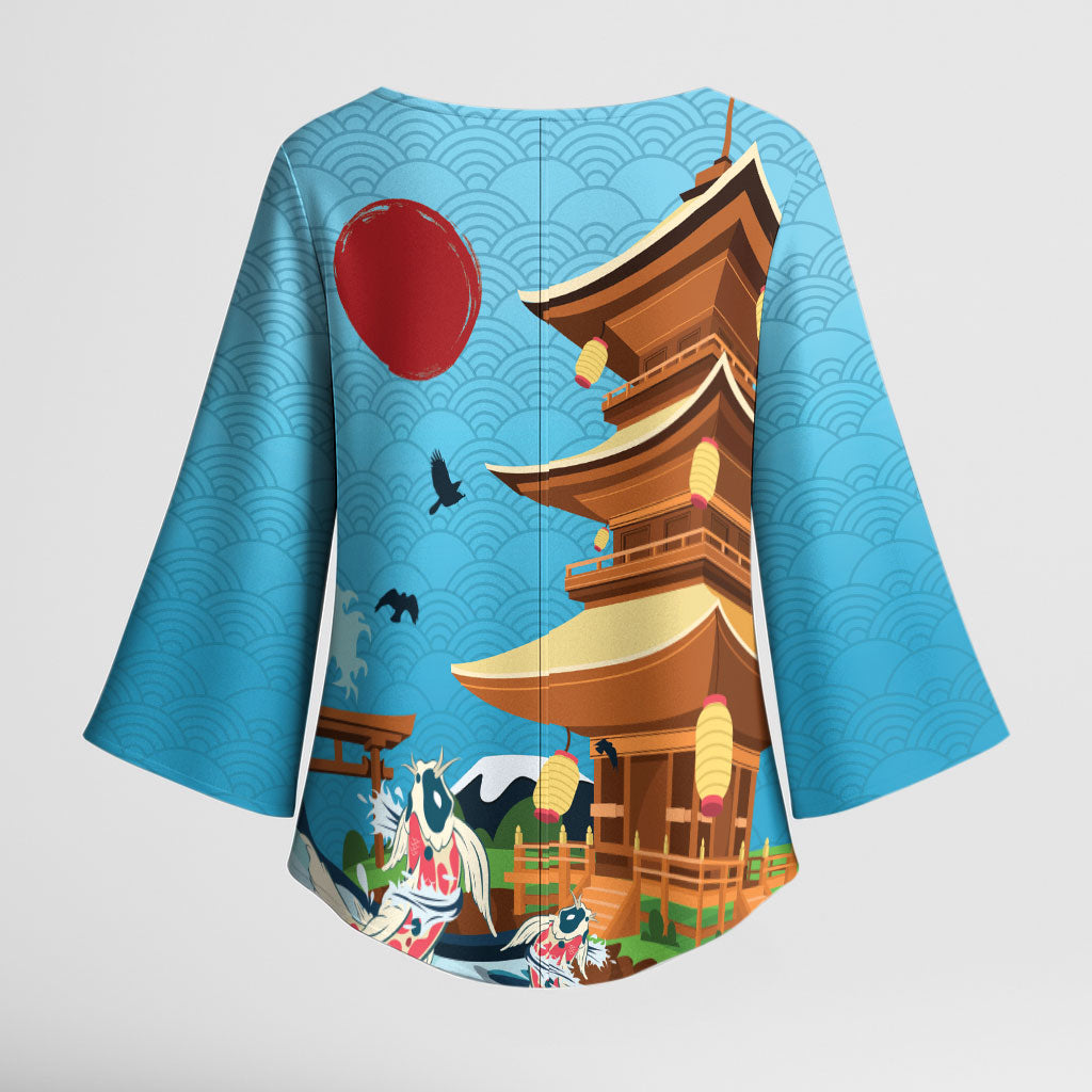 Japan Land Of The Rising Sun Kimono Sleeve Blouse Japanese Pagoda Koi Fish