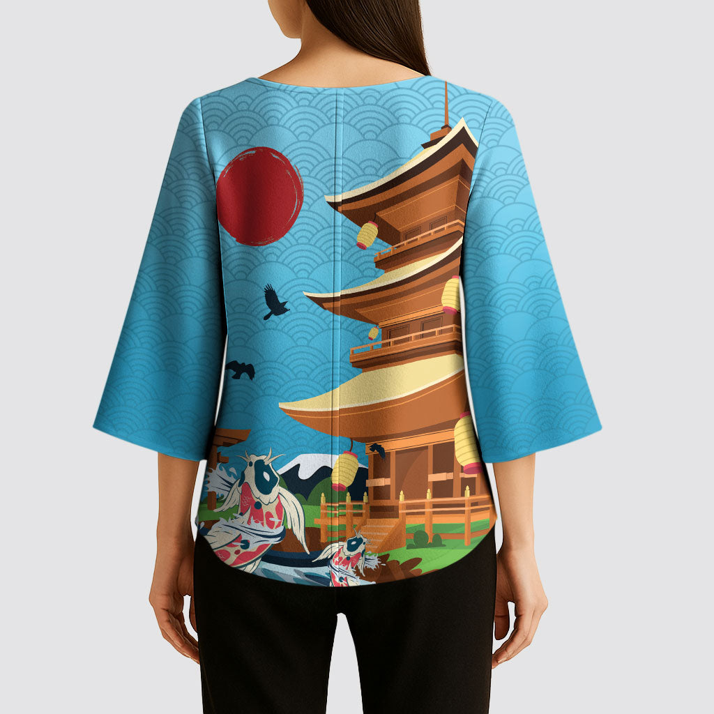 Japan Land Of The Rising Sun Kimono Sleeve Blouse Japanese Pagoda Koi Fish