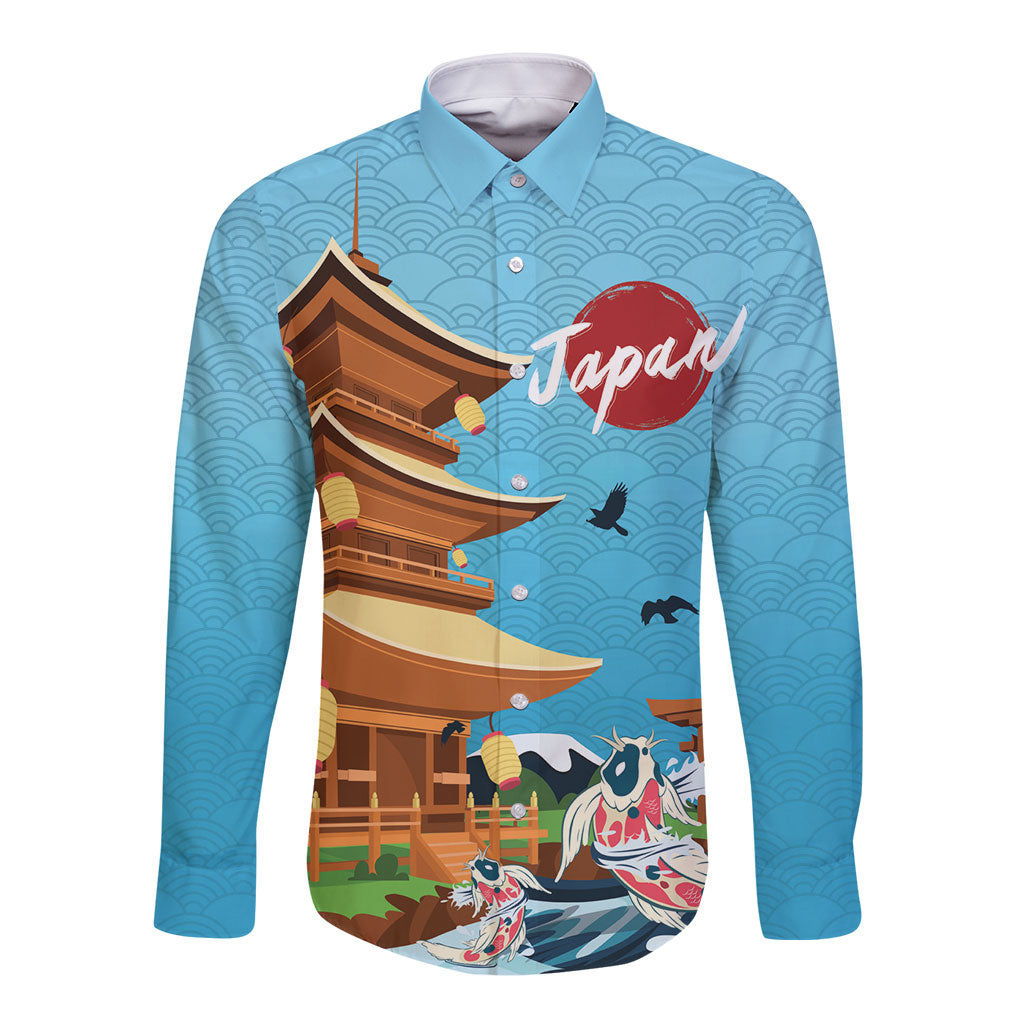 Japan Land Of The Rising Sun Long Sleeve Button Shirt Japanese Pagoda Koi Fish