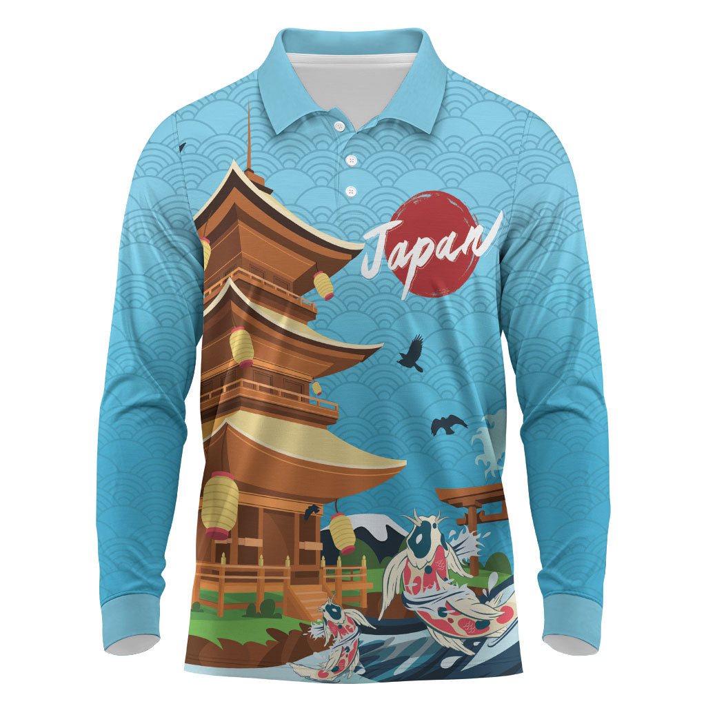 Japan Land Of The Rising Sun Long Sleeve Polo Shirt Japanese Pagoda Koi Fish