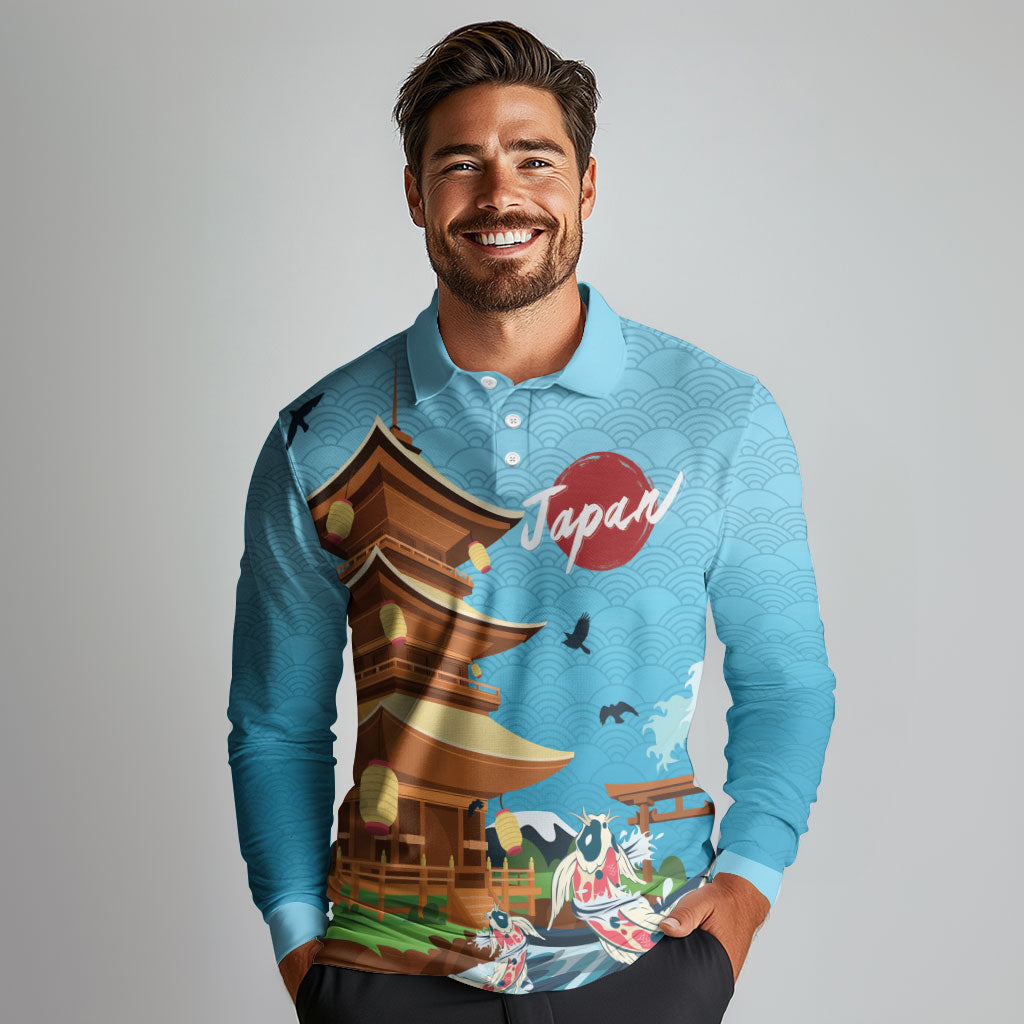 Japan Land Of The Rising Sun Long Sleeve Polo Shirt Japanese Pagoda Koi Fish
