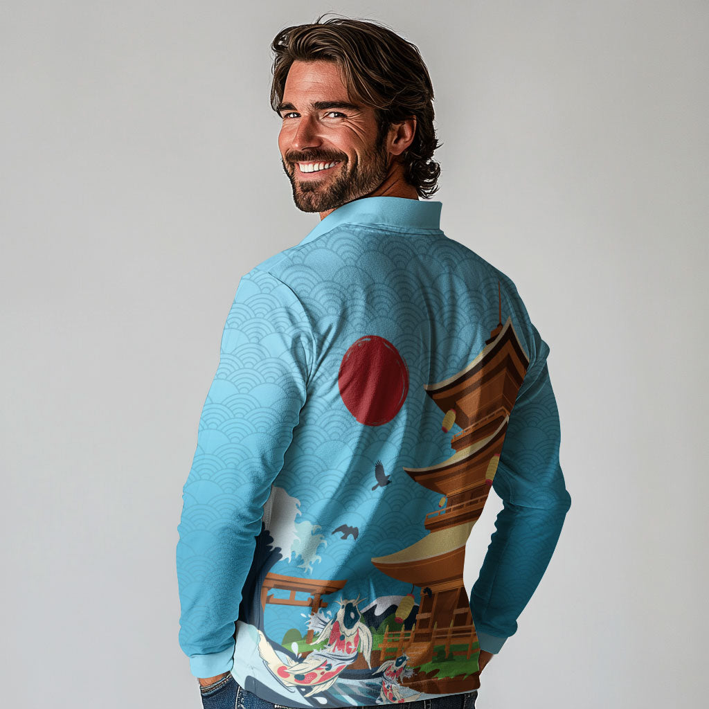 Japan Land Of The Rising Sun Long Sleeve Polo Shirt Japanese Pagoda Koi Fish