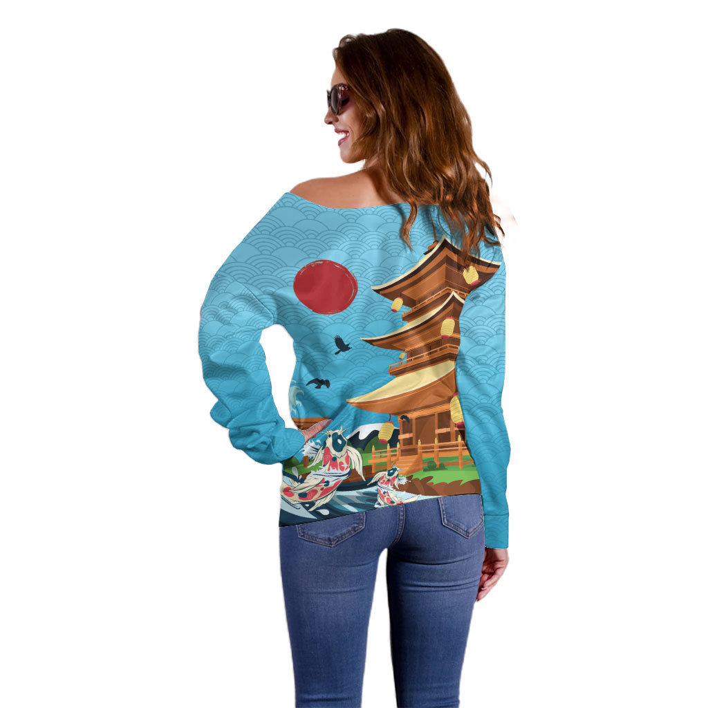 Japan Land Of The Rising Sun Off Shoulder Sweater Japanese Pagoda Koi Fish