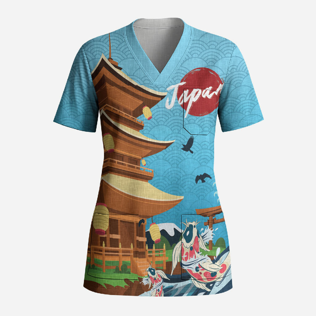 Japan Land Of The Rising Sun Scrub Top Japanese Pagoda Koi Fish