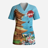 Japan Land Of The Rising Sun Scrub Top Japanese Pagoda Koi Fish