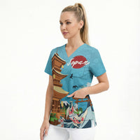 Japan Land Of The Rising Sun Scrub Top Japanese Pagoda Koi Fish