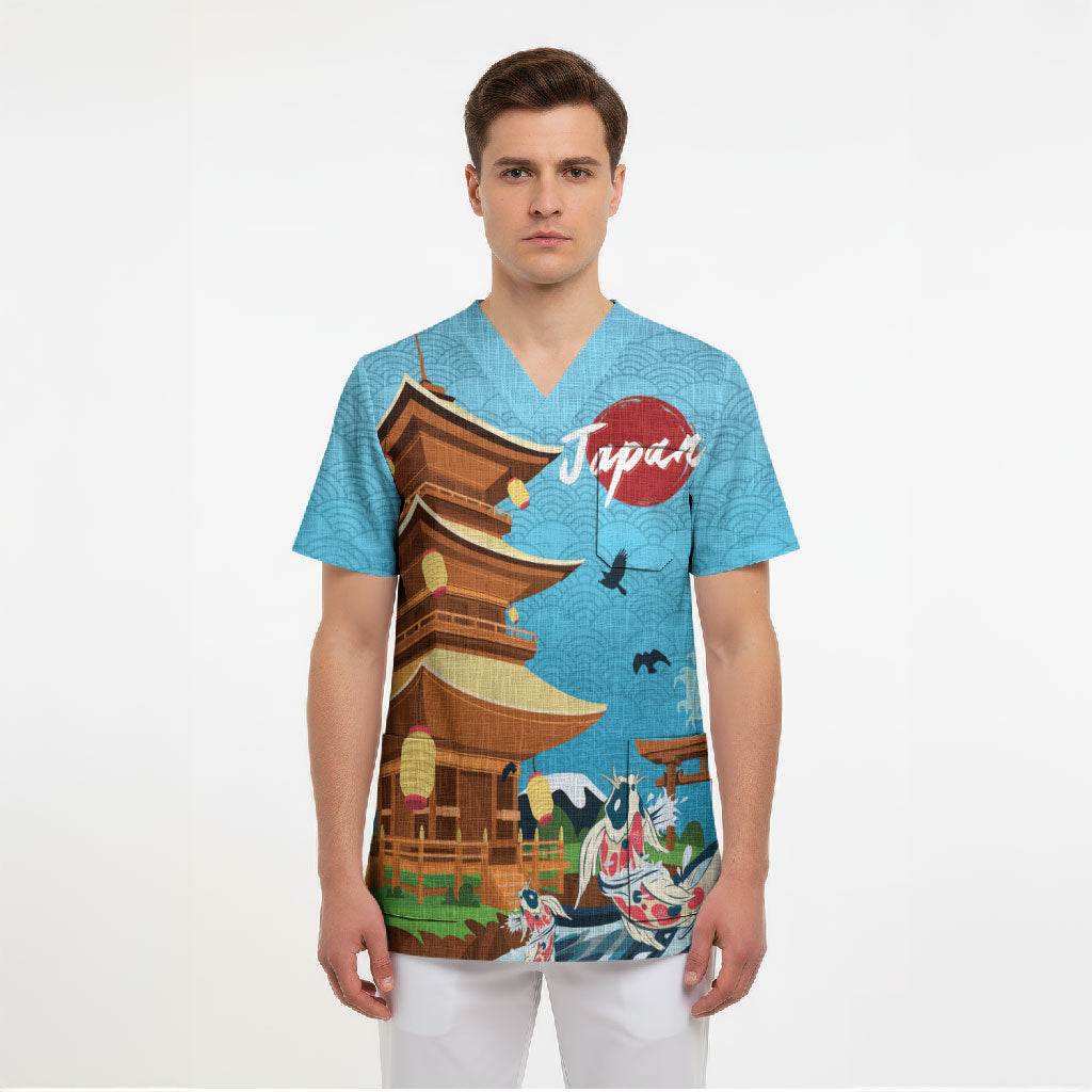 Japan Land Of The Rising Sun Scrub Top Japanese Pagoda Koi Fish