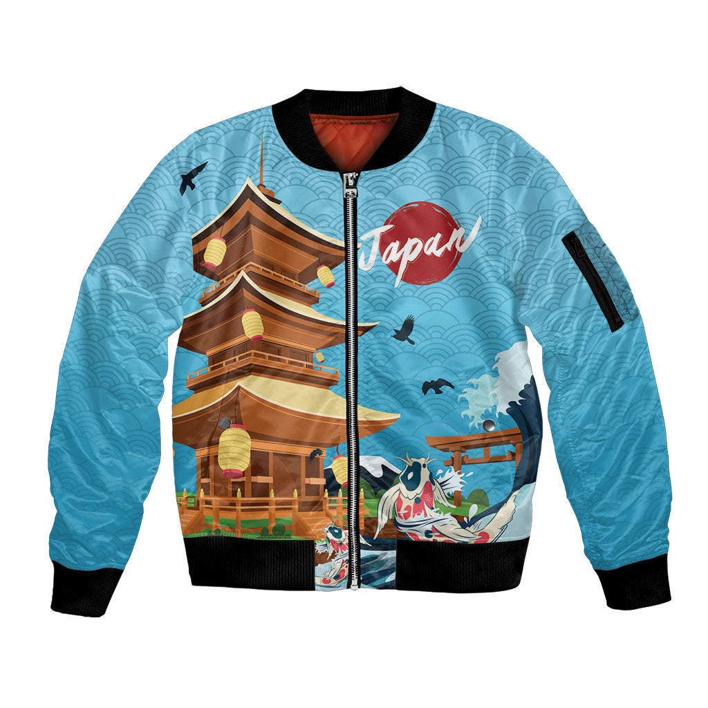 Japan Land Of The Rising Sun Sleeve Zip Bomber Jacket Japanese Pagoda Koi Fish