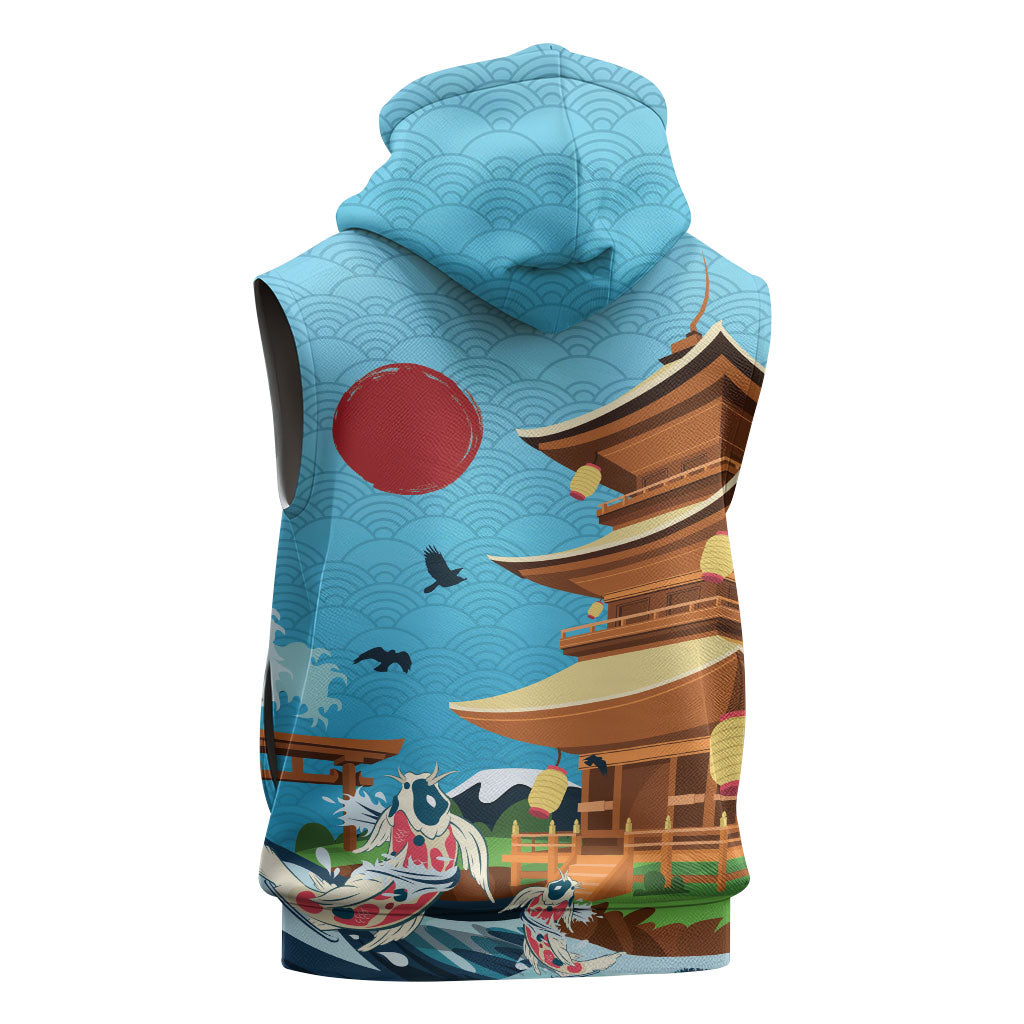 Japan Land Of The Rising Sun Sleeveless Hoodie Japanese Pagoda Koi Fish