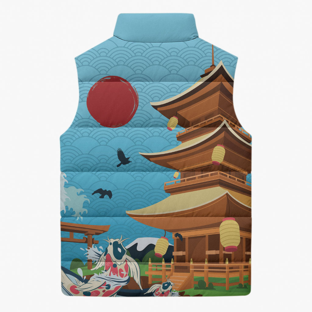 Japan Land Of The Rising Sun Sleeveless Puffer Jacket Japanese Pagoda Koi Fish