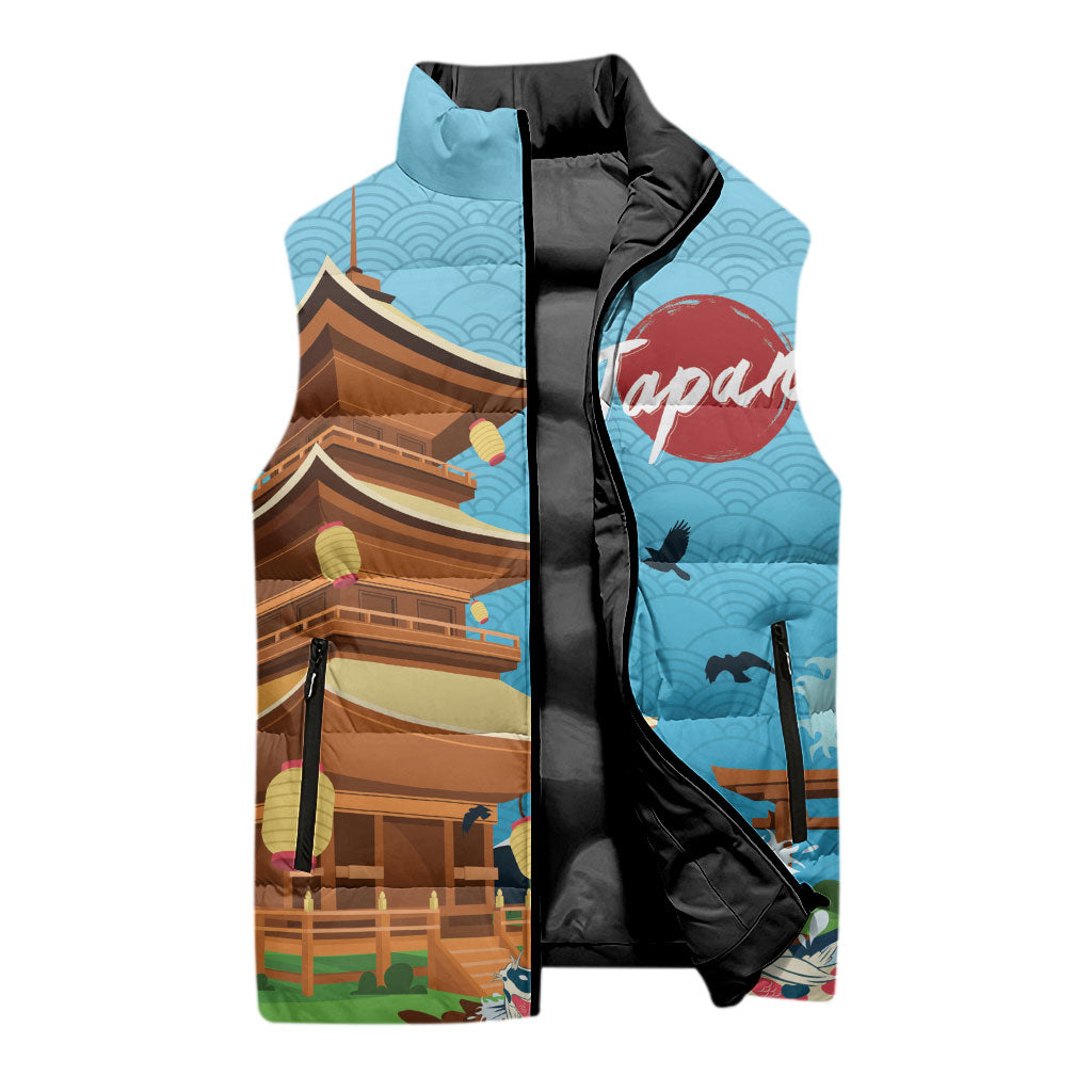 Japan Land Of The Rising Sun Sleeveless Puffer Jacket Japanese Pagoda Koi Fish