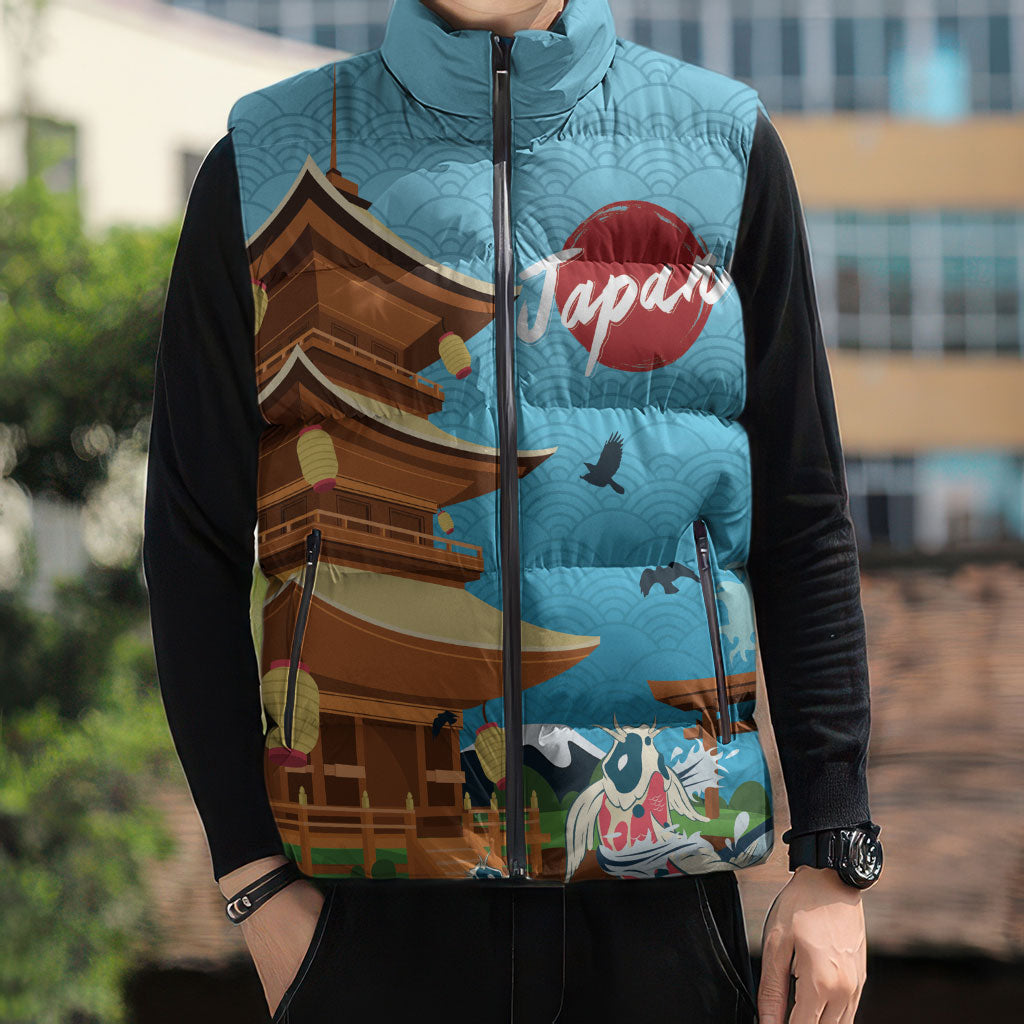 Japan Land Of The Rising Sun Sleeveless Puffer Jacket Japanese Pagoda Koi Fish