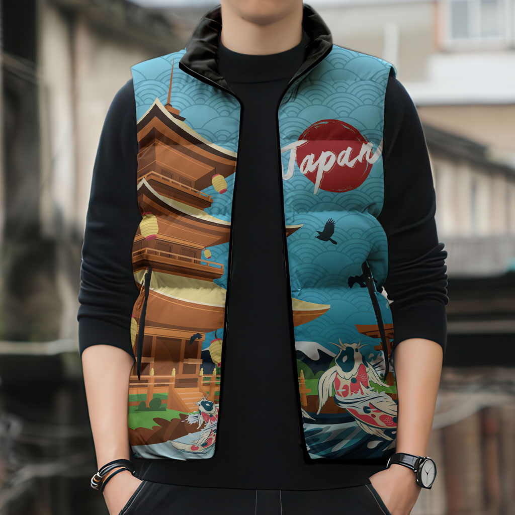 Japan Land Of The Rising Sun Sleeveless Puffer Jacket Japanese Pagoda Koi Fish