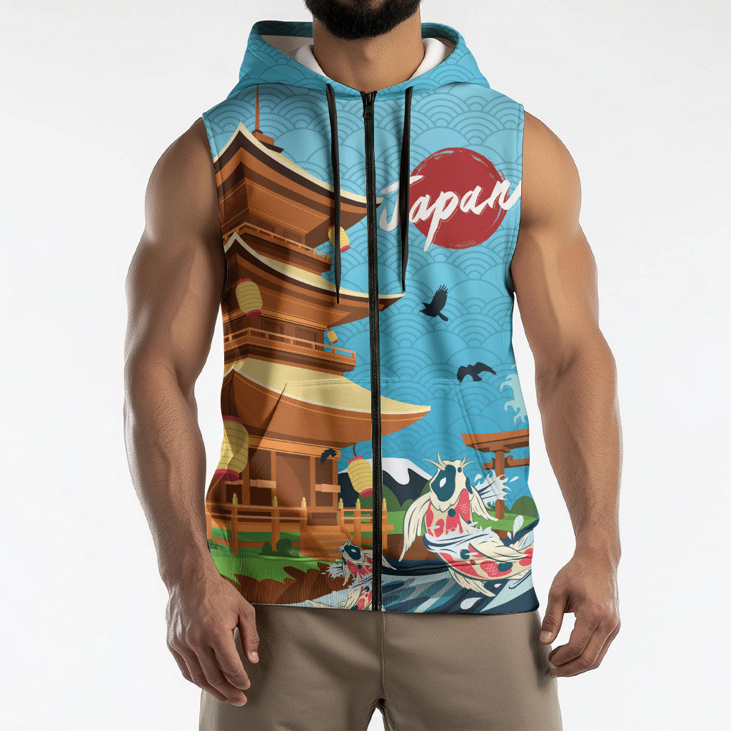 Japan Land Of The Rising Sun Sleeveless Zip Hoodie Japanese Pagoda Koi Fish